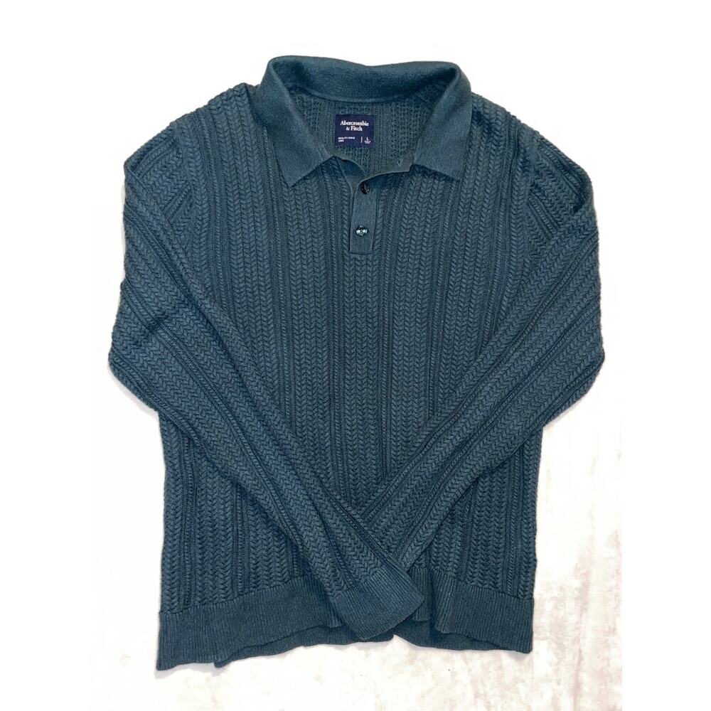 Abercrombie & Fitch Polo Sweater Mens L Hunter Green Cable Knit Long Sleeve
